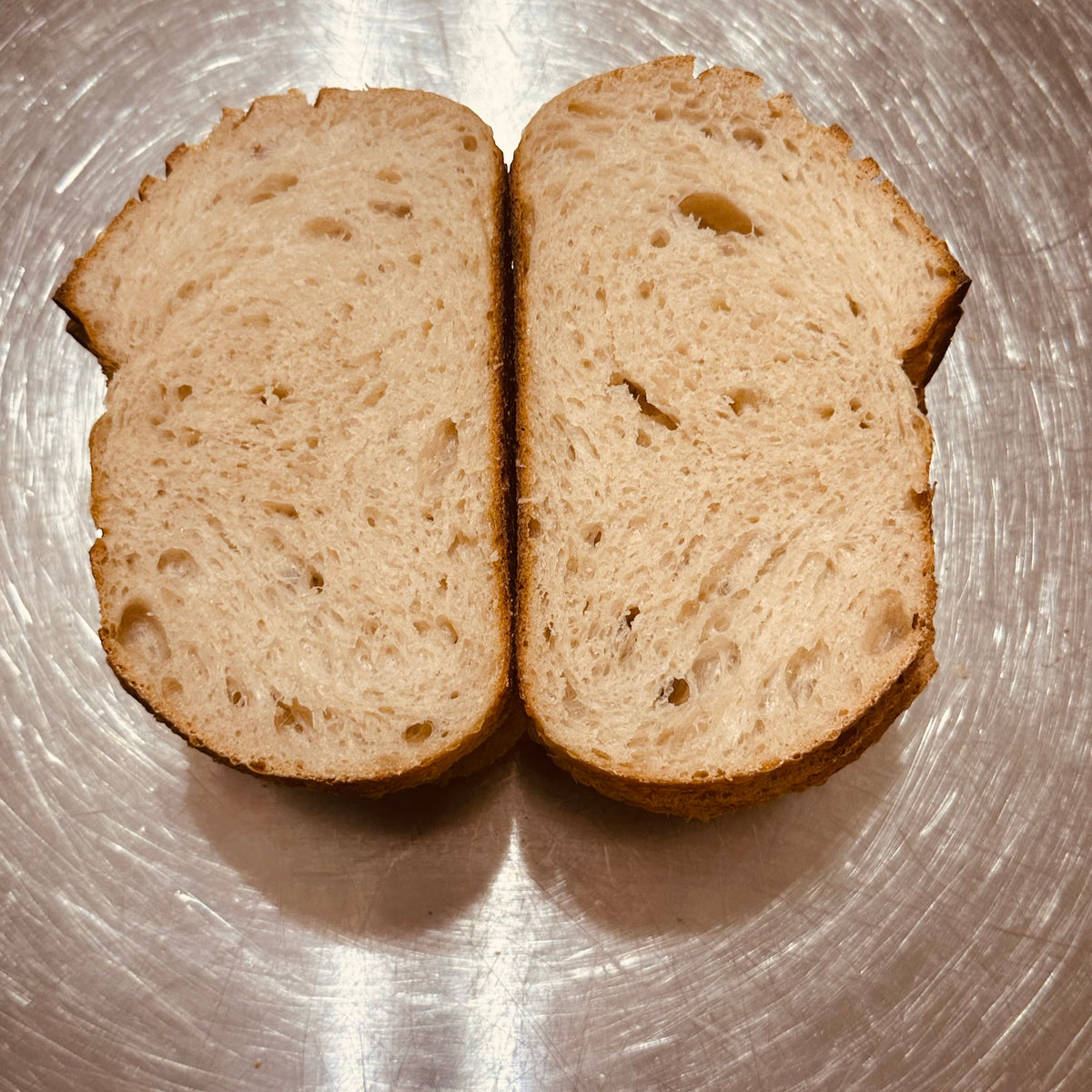 Two thick slices of rustic whole wheat bread arranged side-by-side on a brushed stainless steel surface.
