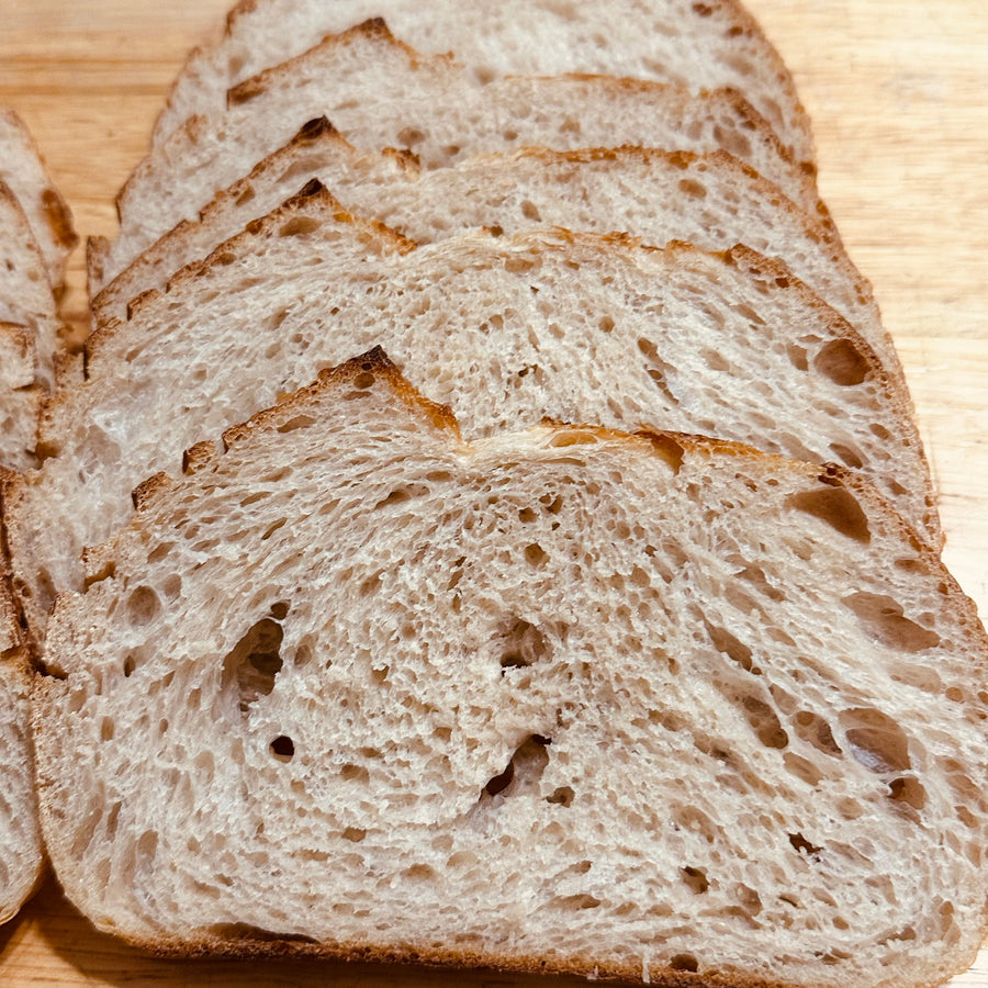 Organic artisan sourdough slices displaying a soft open crumb