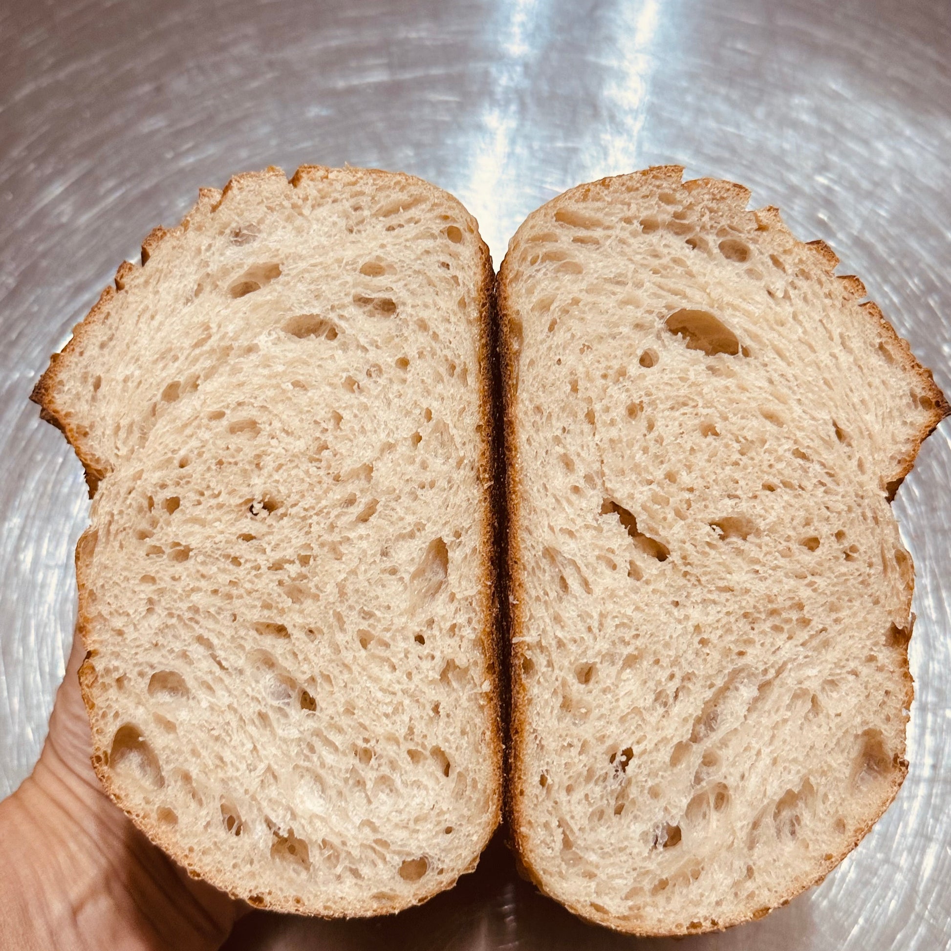 A hand holding a loaf of bread cut in half to show the crumb structure, set against a brushed metal surface.